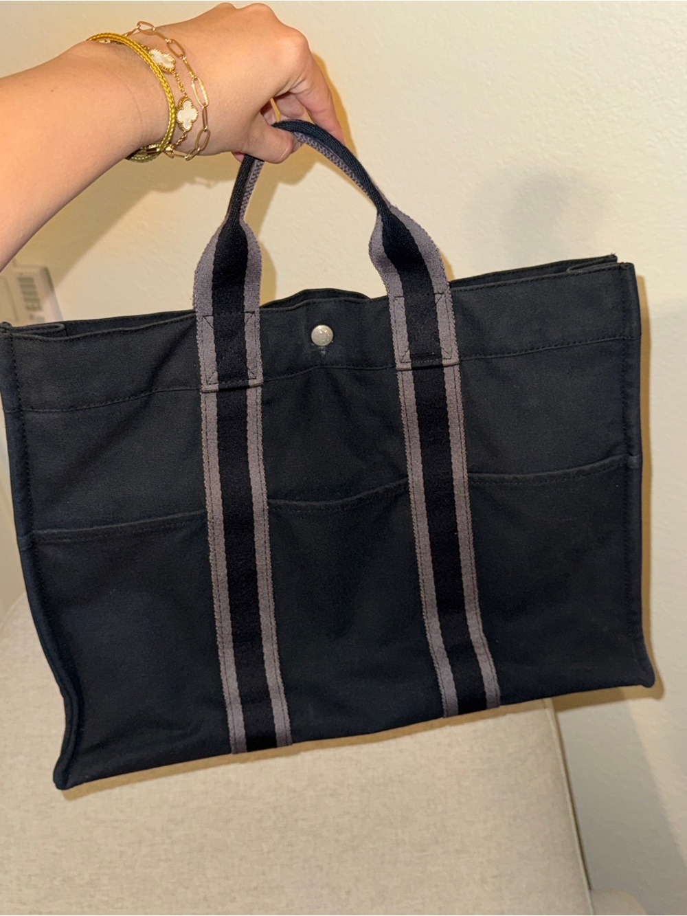 Hermes Black Canvas Tote with Gray Striped Handles large size